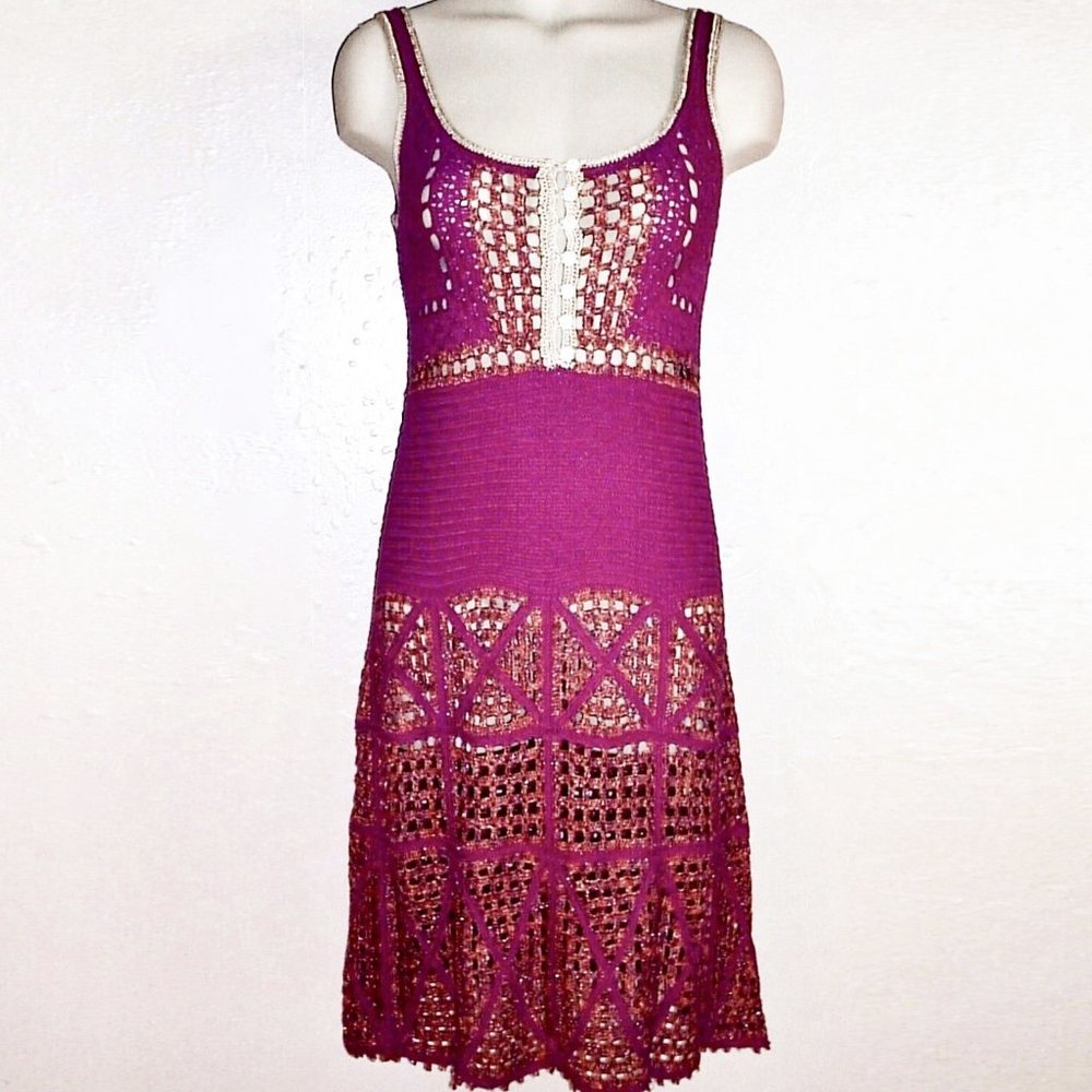 Diane Von Furstenberg DVF Crochet Dress S-M? Silk? Fuchsia Gold Metallic~Resort